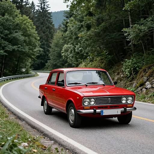 Vintage Red Lada on Mountain Road