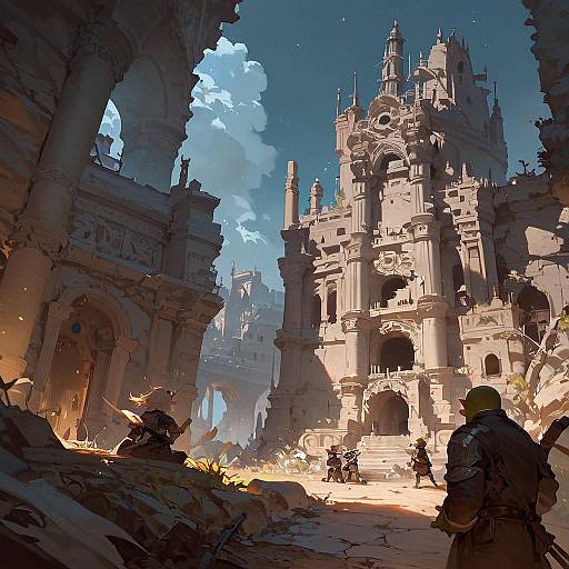 Elven Warrior and Orc in Ruined Ancient Castle