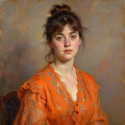 Digital painting of a young woman with fair skin, dark brown hair in a loose bun, wearing an orange lace dress, against a textured, brownish