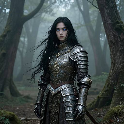 Digital art of a pale-skinned woman with long black hair, blue eyes, and intricate silver armor standing in a misty forest.