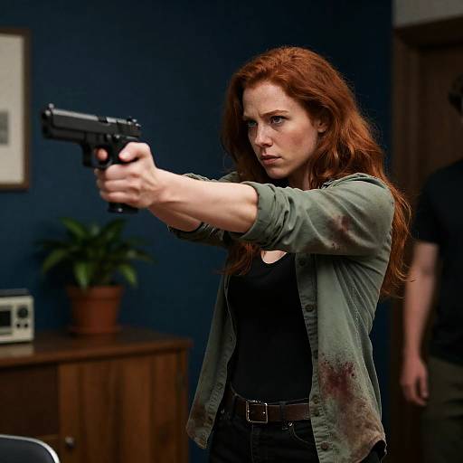 Red-haired Woman Aiming Handgun Indoors