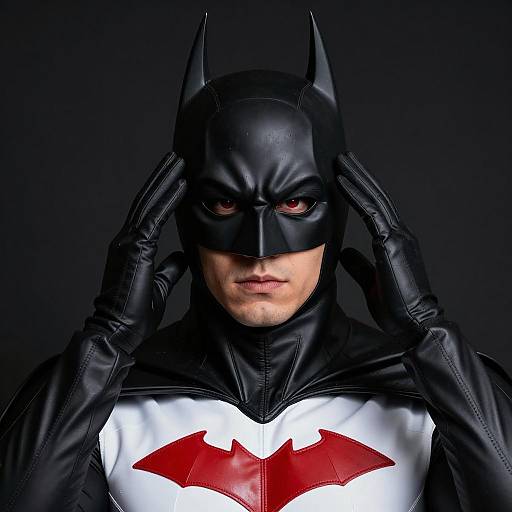 Man in Batman Mask with Red Eyes and Costume