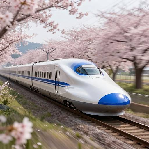 Photograph of a sleek, blue and white Shinkansen bullet train speeding through a cherry blossom-lined countryside, with soft pink blossoms in the foreground
