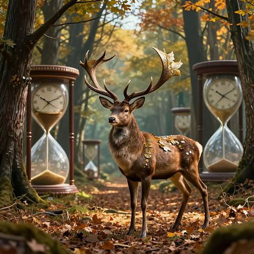 Photograph of a majestic stag with large antlers standing in a forest of tall trees, surrounded by giant hourglasses with golden sand, amidst fallen