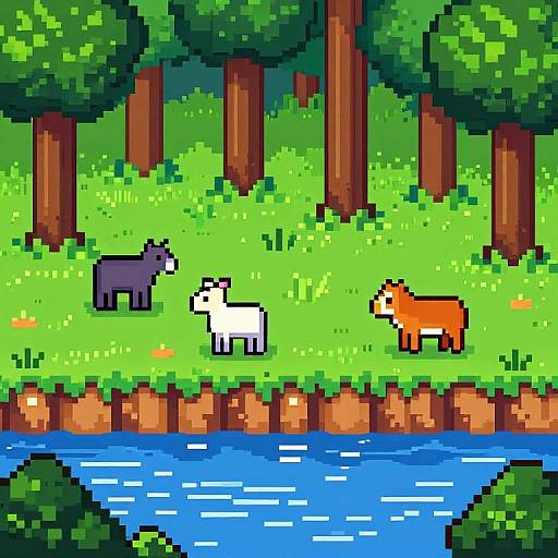 Pixel art of three colored animals (gray, white, orange) standing on a grassy forest clearing next to a blue river.