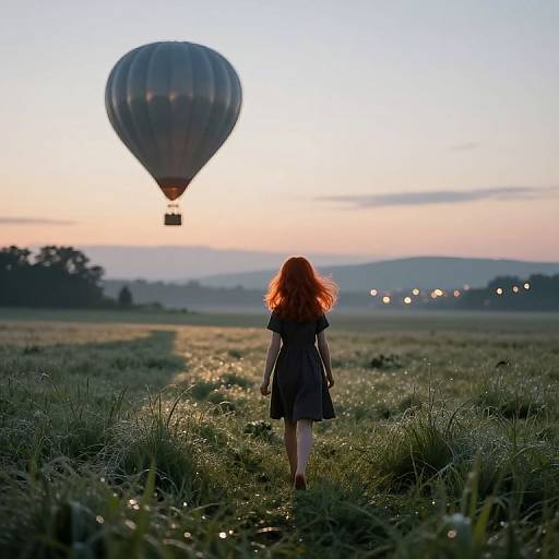 Photograph of a red-haired girl in a black dress, standing in a grassy field, watching a glowing hot air balloon at sunrise.