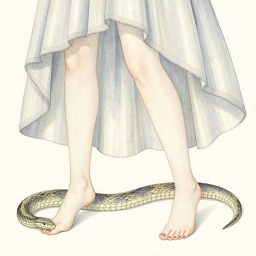 Digital drawing of a woman's pale legs in a white, pleated skirt with a snake coiled around her bare feet.