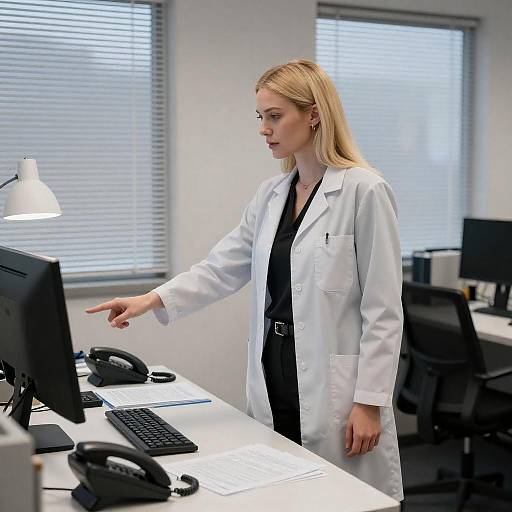 Blonde Woman in Lab Coat Pointing