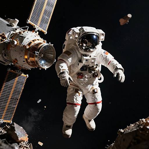 Futuristic Astronaut Near Destroyed Satellite