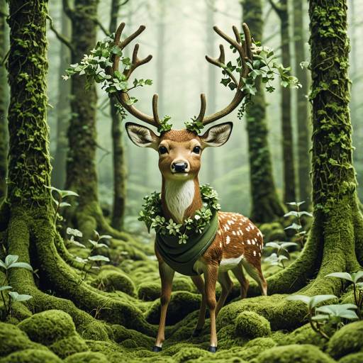 Whimsical Deer with Ivy Antlers in Mossy Forest Whimsical Deer with Ivy Antlers in Mossy Forest