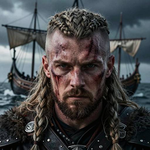 Photorealistic digital artwork of a bloodied, bearded Viking warrior with braided hair, intense gaze, and fur-lined armor, standing before a