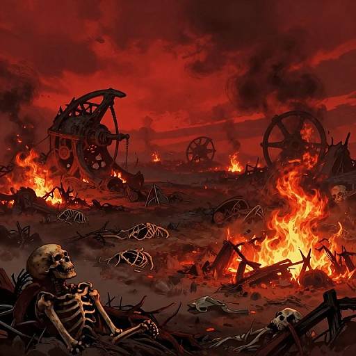 Apocalyptic battlefield scene: skeletal human in foreground, burning wreckage, red-orange flames, dark smoke, broken wagons, scattered bones, and charred