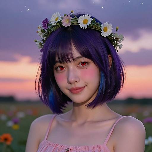 Photograph of a young woman with purple bob haircut, red eyes, wearing a flower crown and pink dress, set against a twilight field of flowers.