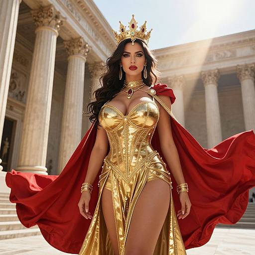 Photorealistic digital artwork of a regal woman with long dark hair, wearing a golden corset dress, red cape, and golden crown, standing