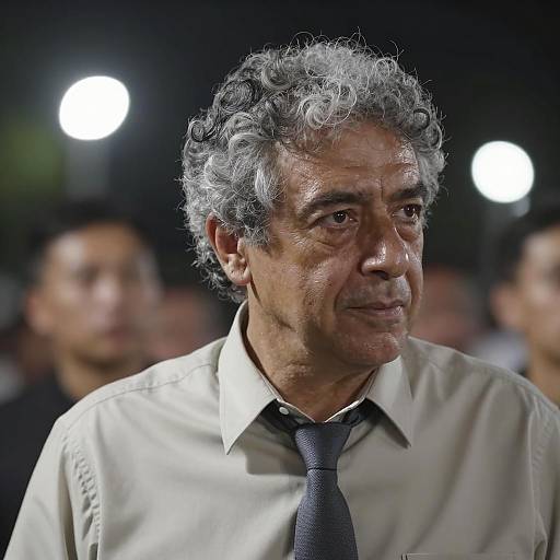 Middle-aged Man with Curly Gray Hair at Night