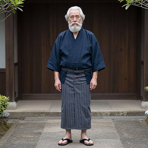 Photograph of an elderly Japanese man with white hair and beard, wearing a dark navy yukata, striped hakama, and black sandals, standing