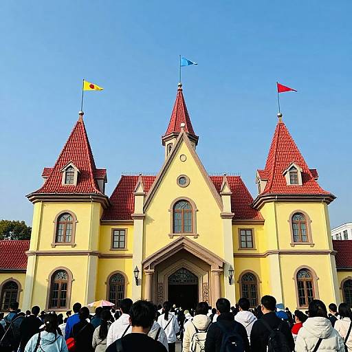 Photograph of a large, yellow, castle-like building with red roofs and three turrets, crowded with people in front, clear blue sky.