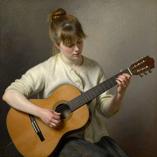 Photograph of a young woman with light skin and brown hair in a bun, wearing a white blouse, playing an acoustic guitar against a dark, textured