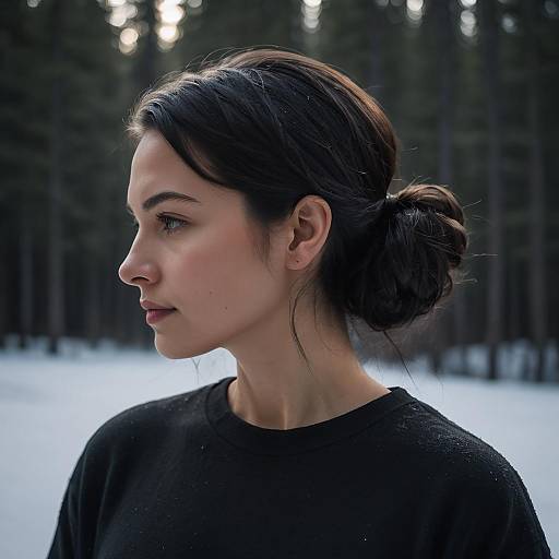 Profile of Woman with Dark Hair in Snowy Forest