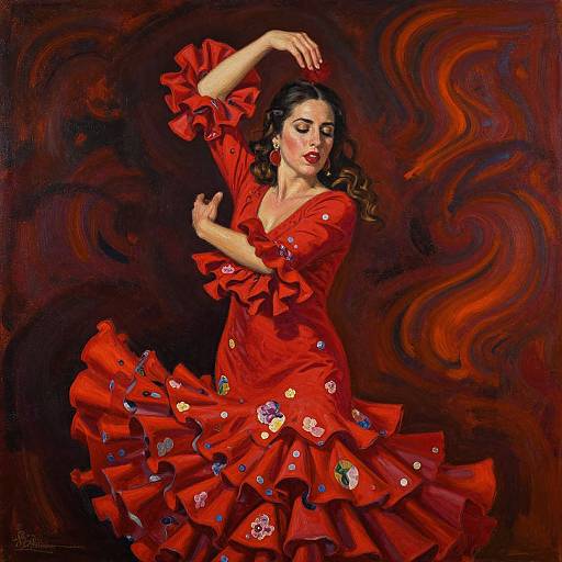 Vibrant oil painting of a dark-haired woman in a red, ruffled flamenco dress with floral embroidery, dancing against swirling dark, orange patterns