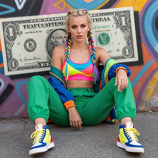 Photograph of a blonde woman with braided hair, wearing a colorful sports bra, green pants, and rainbow sneakers, sitting against a graffiti-covered wall