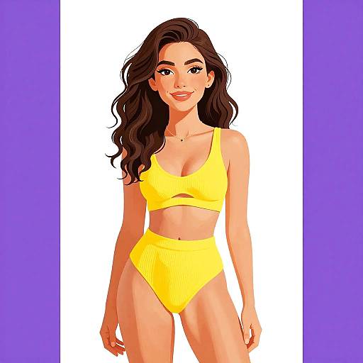 Digital illustration of a smiling, fair-skinned woman with long, wavy brown hair, wearing a yellow bikini against a white and purple background.