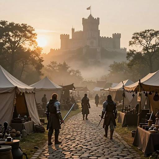 Photograph of a medieval market at sunrise, with armored knights walking on a cobblestone path toward a castle, surrounded by white tents and vendors.