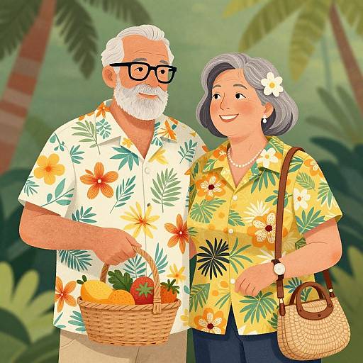 Joyful Elderly Couple in Hawaiian Shirts