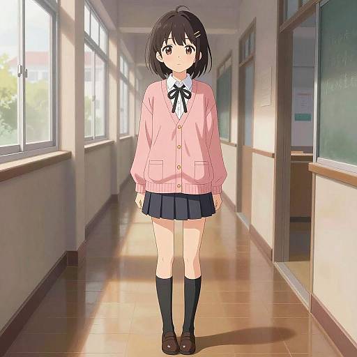 Anime Schoolgirl in Sunlit Hallway