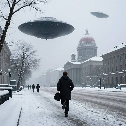Photograph of a snowy urban street with a person in a black coat walking, holding a bag, and UFOs hovering in the sky, with a