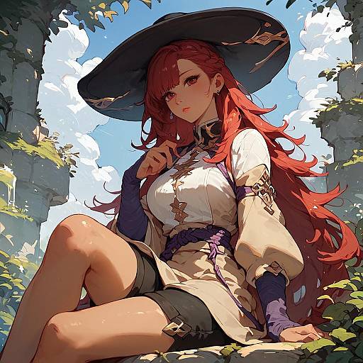 Red-Haired Anime Girl Sitting Outdoors