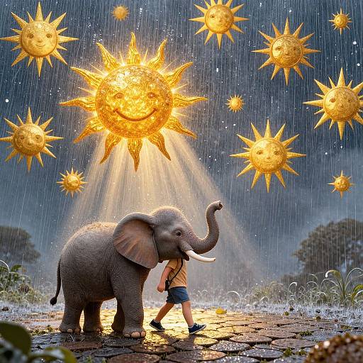 Child and Mini Elephant in Surreal Rainstorm