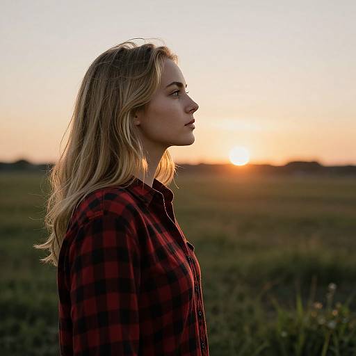 Photograph of a blonde woman with wavy hair in a red plaid shirt, silhouetted against a golden sunset in a grassy field