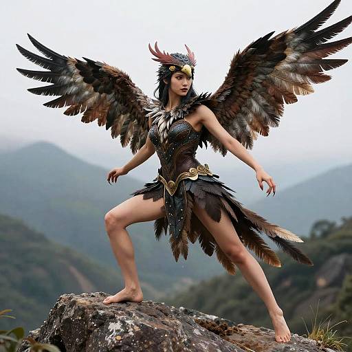 Harpy Girl in Dynamic Pose on Mountain