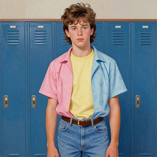 Photograph of a young white man with messy brown hair, wearing a pink and blue floral shirt over a yellow t-shirt, blue jeans, and brown
