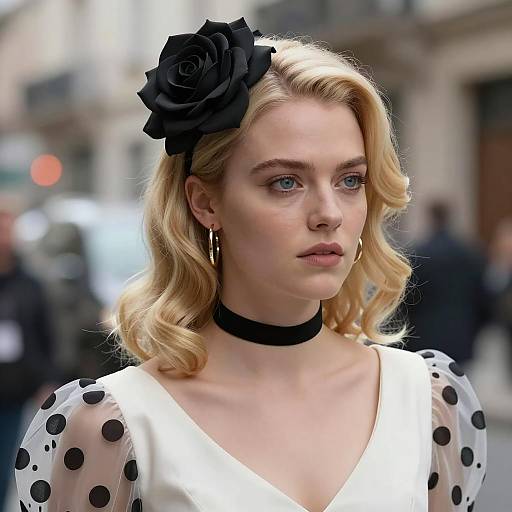 Blonde Woman in Vintage Style with Black Rose Hair Accessory