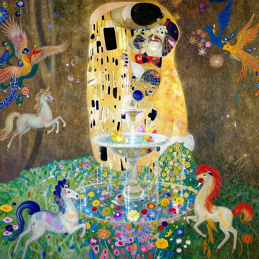 Vibrant digital artwork of a golden, abstract sculpture surrounded by colorful, flying birds, white unicorns, and a red-maned unicorn in a