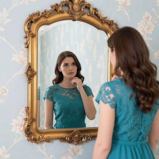 Photograph of a young woman with wavy brown hair, wearing a teal lace dress, standing before an ornate gold-framed mirror, reflecting her