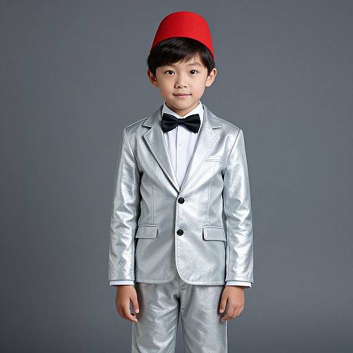 Photograph of a young Asian boy with short black hair, wearing a shiny silver suit, black bow tie, and bright red hat, standing against a