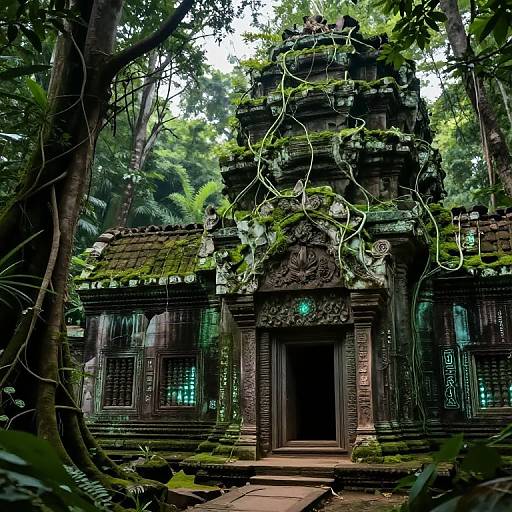 Photograph of an ancient, moss-covered Hindu temple deep in a lush, dense forest, with vines climbing its tall, ornate tower.