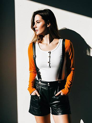 Woman in White Long Sleeve and Black Leather Shortalls