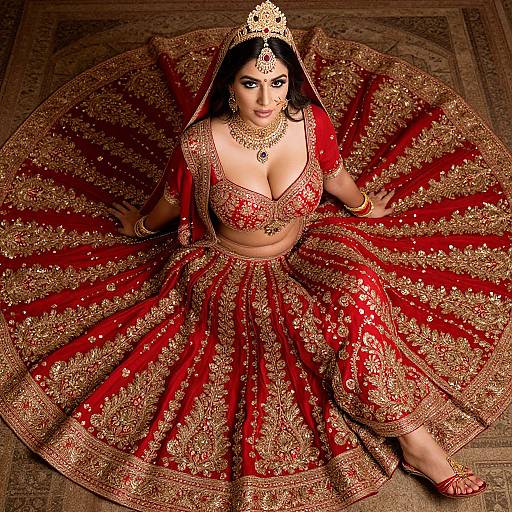 Photograph of a South Asian bride in a red and gold embroidered lehenga with a matching dupatta, seated on a wooden floor, wearing traditional jewelry