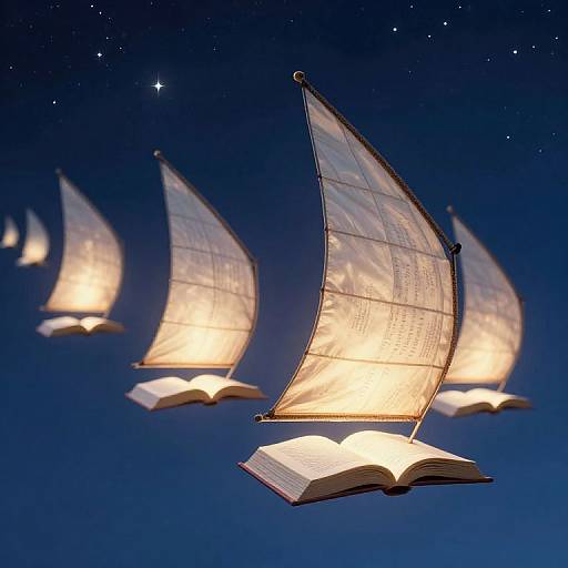 Photograph of three glowing, sail-shaped book lamps with open books as bases, floating against a dark blue starry night sky.