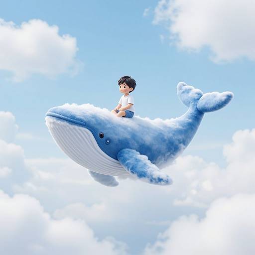 Digital illustration: A young boy with black hair, wearing a white shirt, rides a blue, cloud-covered, floating whale in a bright, blue sky