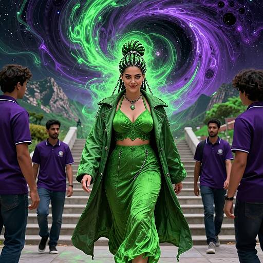 Digital artwork of a confident woman with glowing green aura, wearing a green outfit and headpiece, surrounded by men in purple shirts on a staircase, with