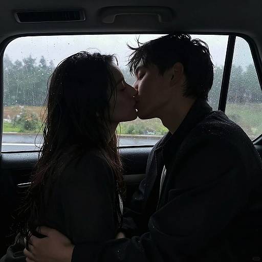 Photograph of a silhouetted couple kissing in a car with rain on the window, both with wet hair, against a blurry, overcast