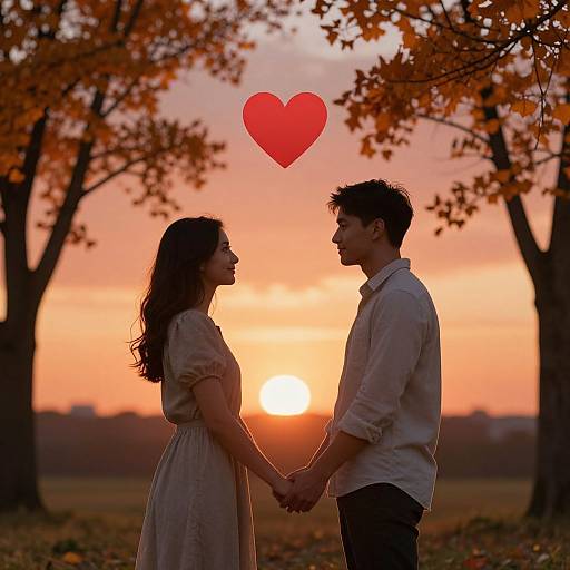 Photograph of a romantic sunset scene with a silhouetted couple holding hands, surrounded by autumn trees, and a red heart above them.