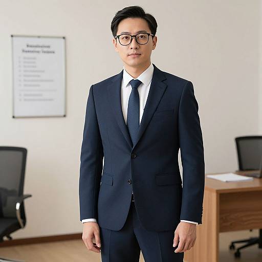 Photograph of a young Asian man in a black suit, white shirt, and black tie, wearing glasses, standing in a modern office with a white
