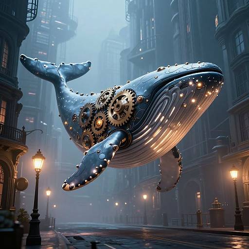 Steampunk whale with gears, flying in a foggy, Victorian city street illuminated by street lamps, digital art.