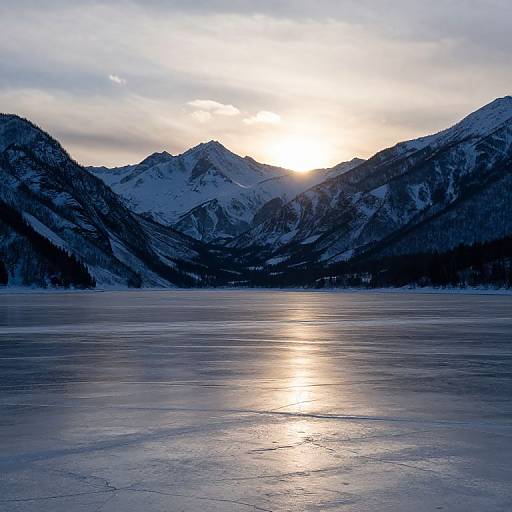 Photograph of a serene, snow-covered mountain range at sunrise, with the sun's golden light reflecting on a frozen lake.